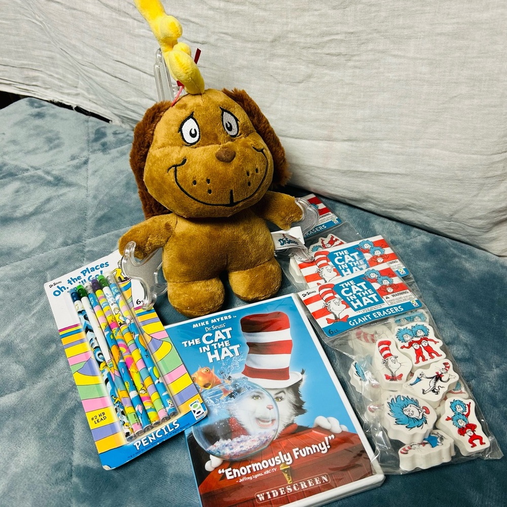 Lot Dr Seuss 6 new items teachers school home pencils DVD erasers plush toy book